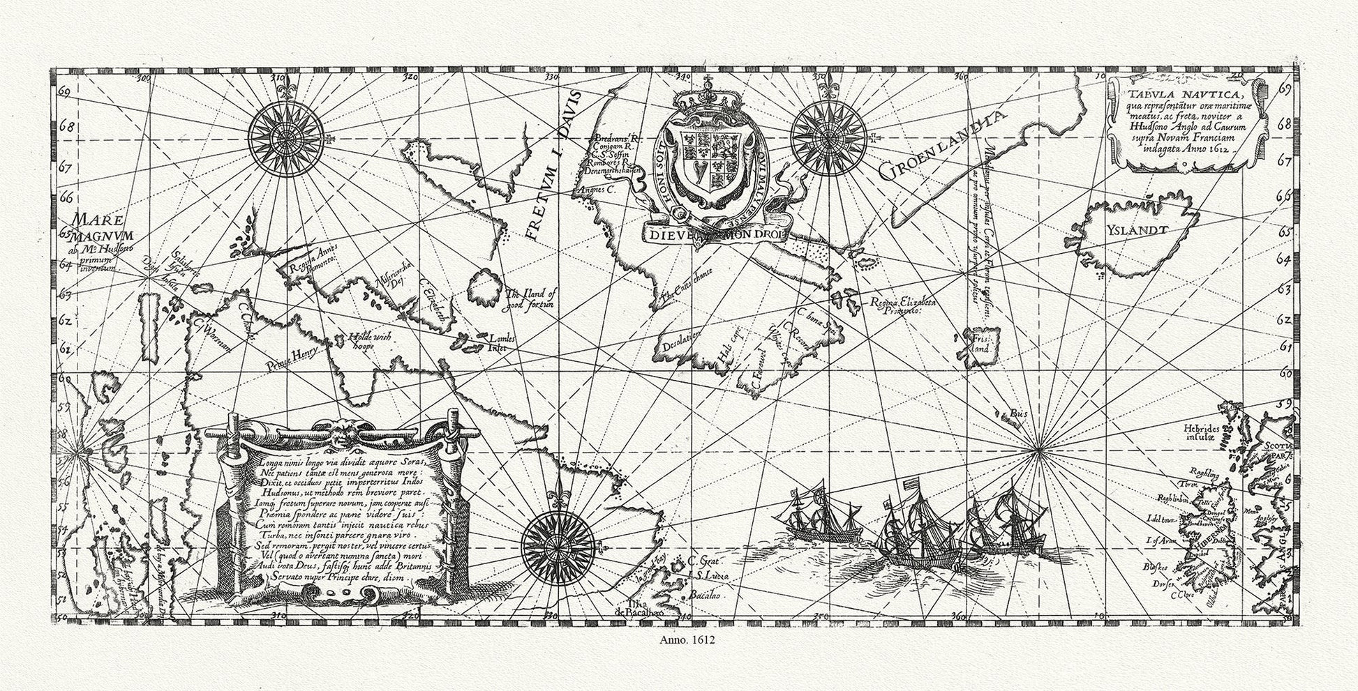 Atlantic Ocean: Greenland: Tabula Nautica qua repraesentatur orae maritimae, meatus, ac freta, noviter a Hudsono Anglo ad Caurum supra Novam Franciam indagata,1612 - The Map Chest