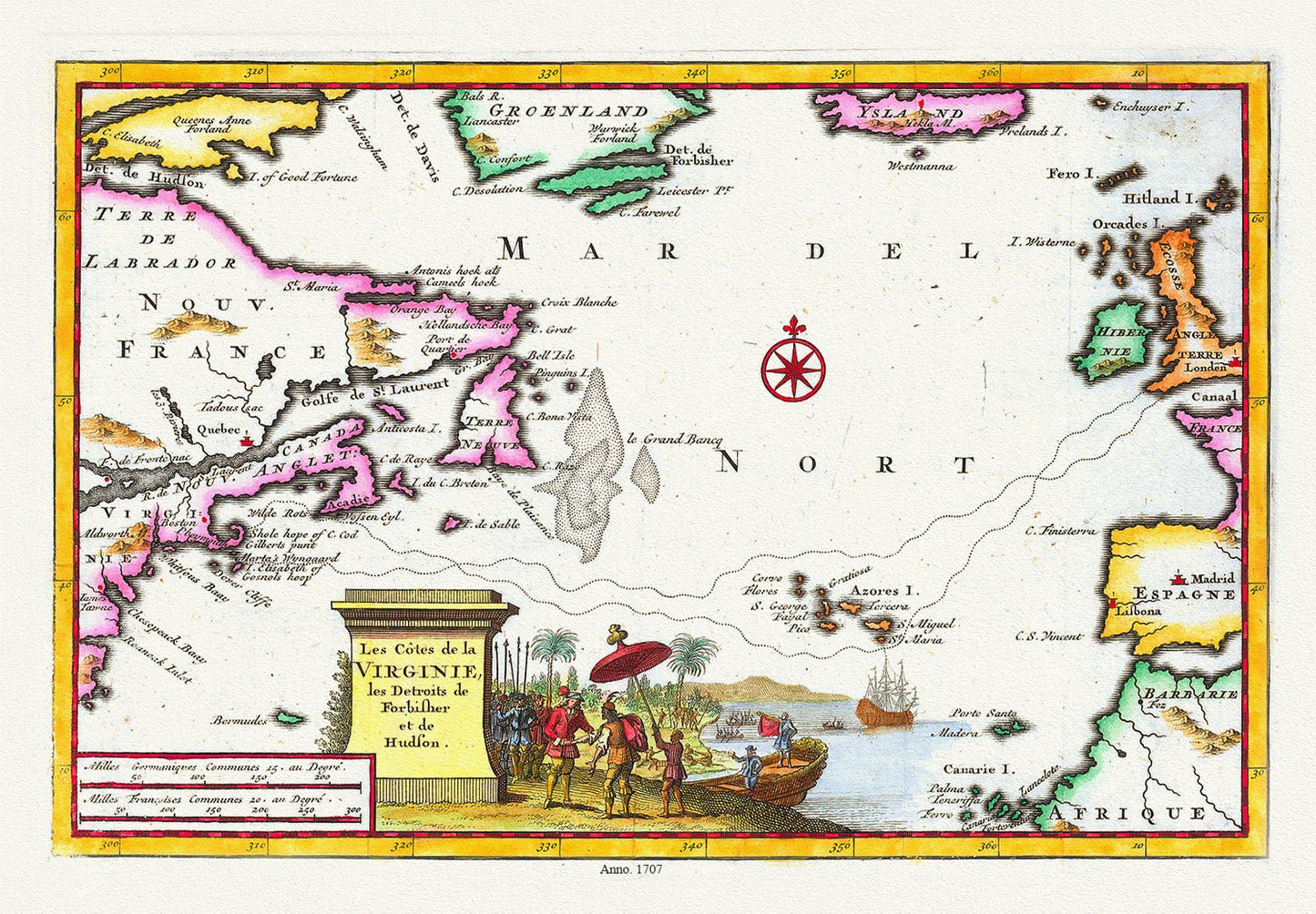 Atlantic Ocean: Les Cotes de la Virginie, les Detroits de Forbisher et de Hudson,1707, Aa auth. - The Map Chest