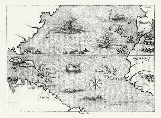 Atlantic Ocean: Map illustrating the voyage of Christopher Columbus,1583 - The Map Chest