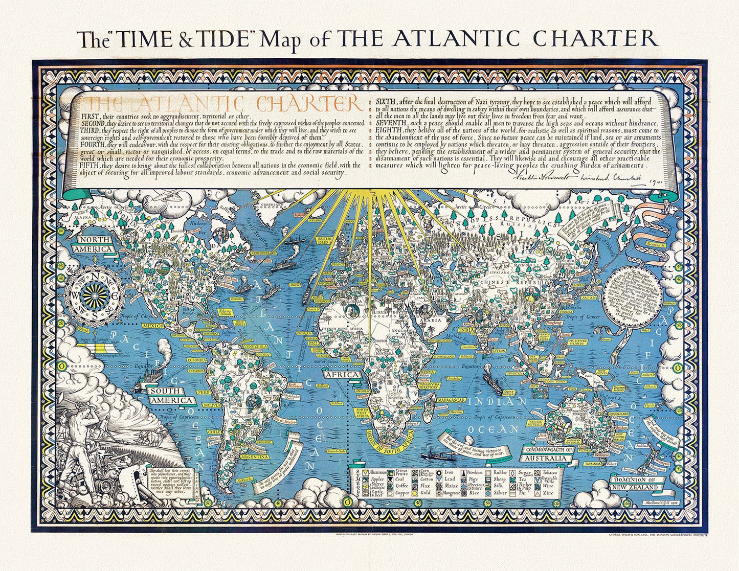Atlantic Ocean: The Time & Tide Map of The Atlantic Charter,1942 - The Map Chest