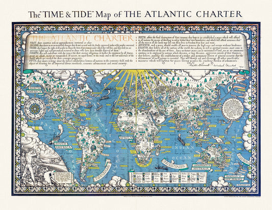 Atlantic Ocean: The Time & Tide Map of The Atlantic Charter,1942 - The Map Chest