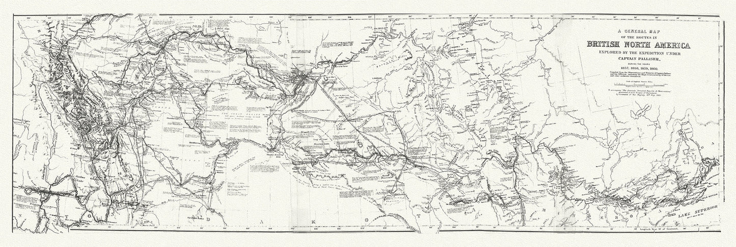 Canada: Arctic, Northern and Polar Exploration: A General Map of the routes in British North America explored by the Expedition under Captain Palliser during the years 1857, 1858, 1859, 1860 19x48" - The Map Chest