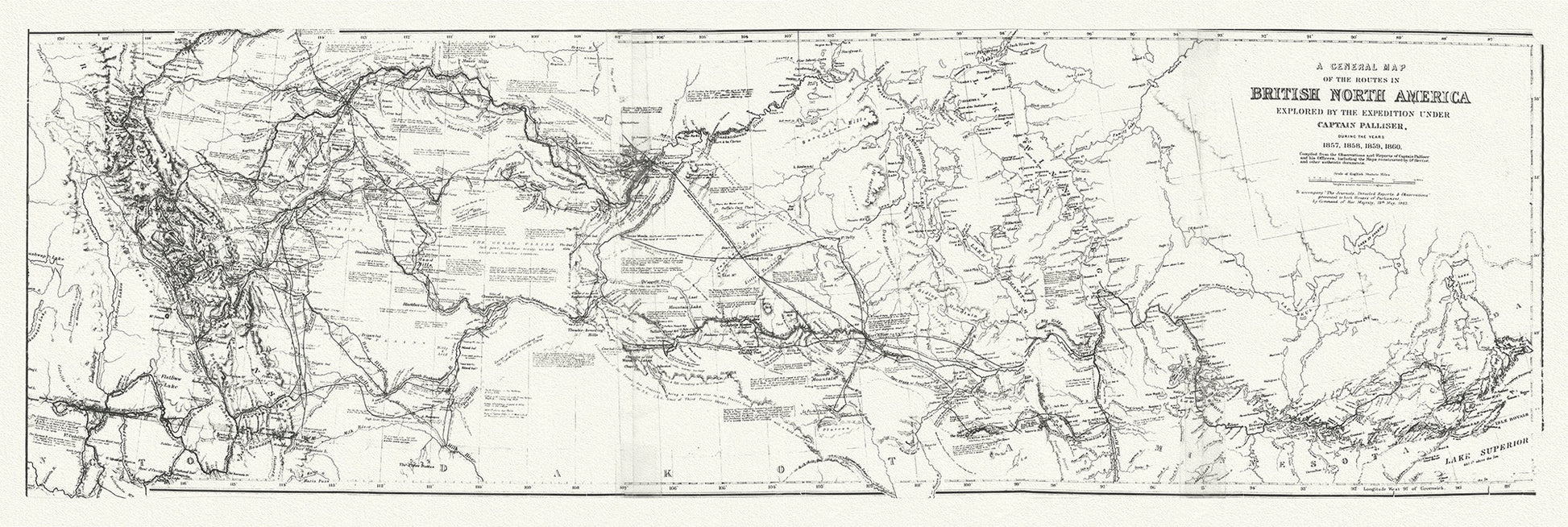 Canada: Arctic, Northern and Polar Exploration: A General Map of the routes in British North America explored by the Expedition under Captain Palliser during the years 1857, 1858, 1859, 1860 19x48" - The Map Chest