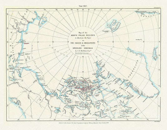 Canada: Arctic, Northern and Polar Exploration: A Map of the north polar regions to illustrate the paper on the origin & migrations of the Greenland Esquimaux,1865 - The Map Chest