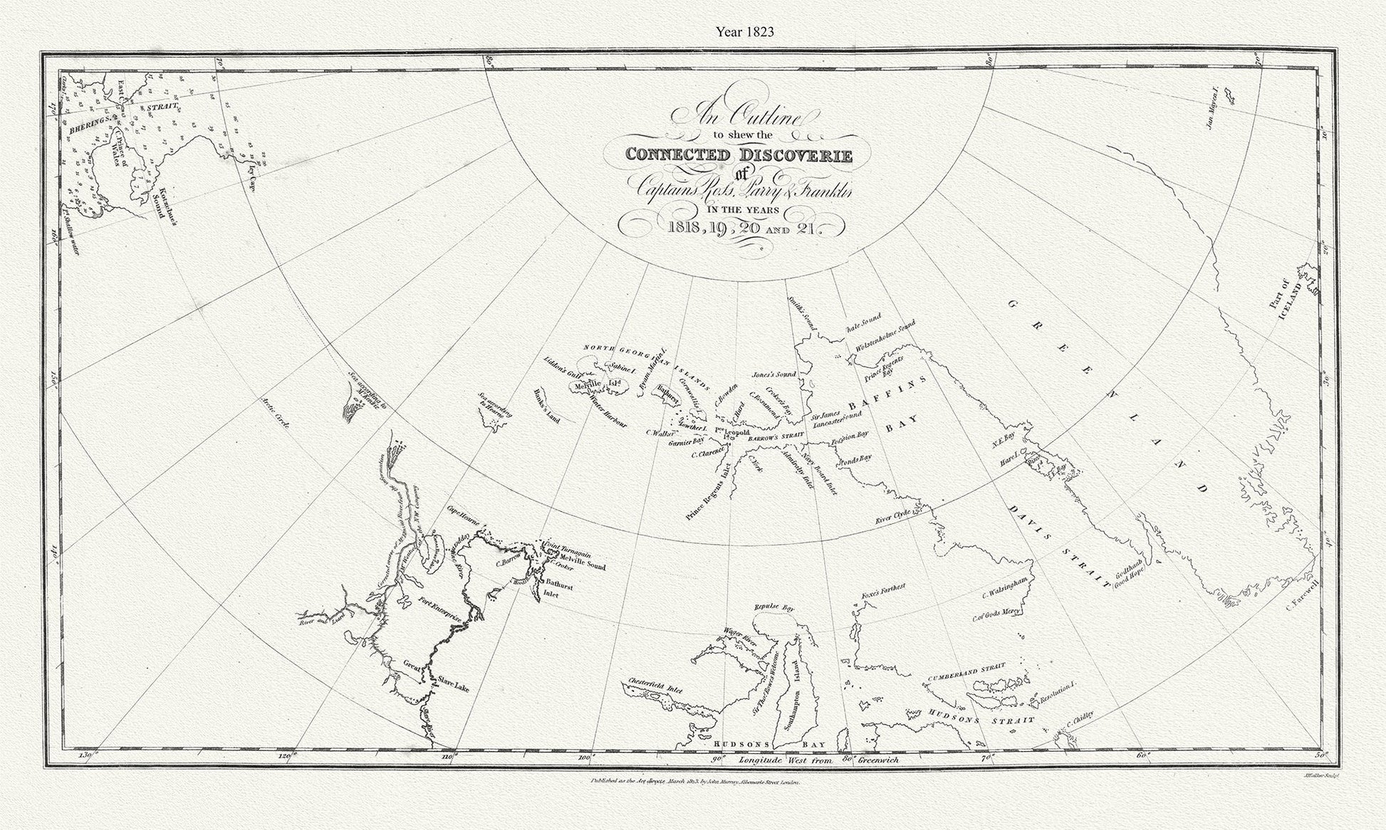 Canada: Arctic, Northern and Polar Exploration: An outline to shew the connected discoverie of Captains Ross, Parry & Franklin in the years 1818, 19, 20 and 21.Murray auth., 1823 - The Map Chest