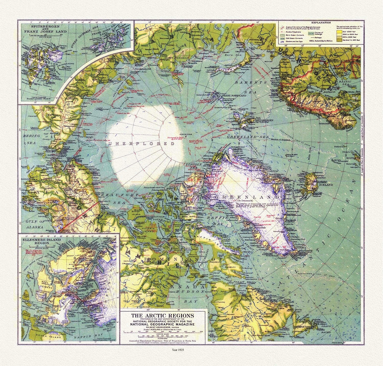 Canada: Arctic, Northern and Polar Exploration: Arctic Regions, National Geographic, 1925 - The Map Chest