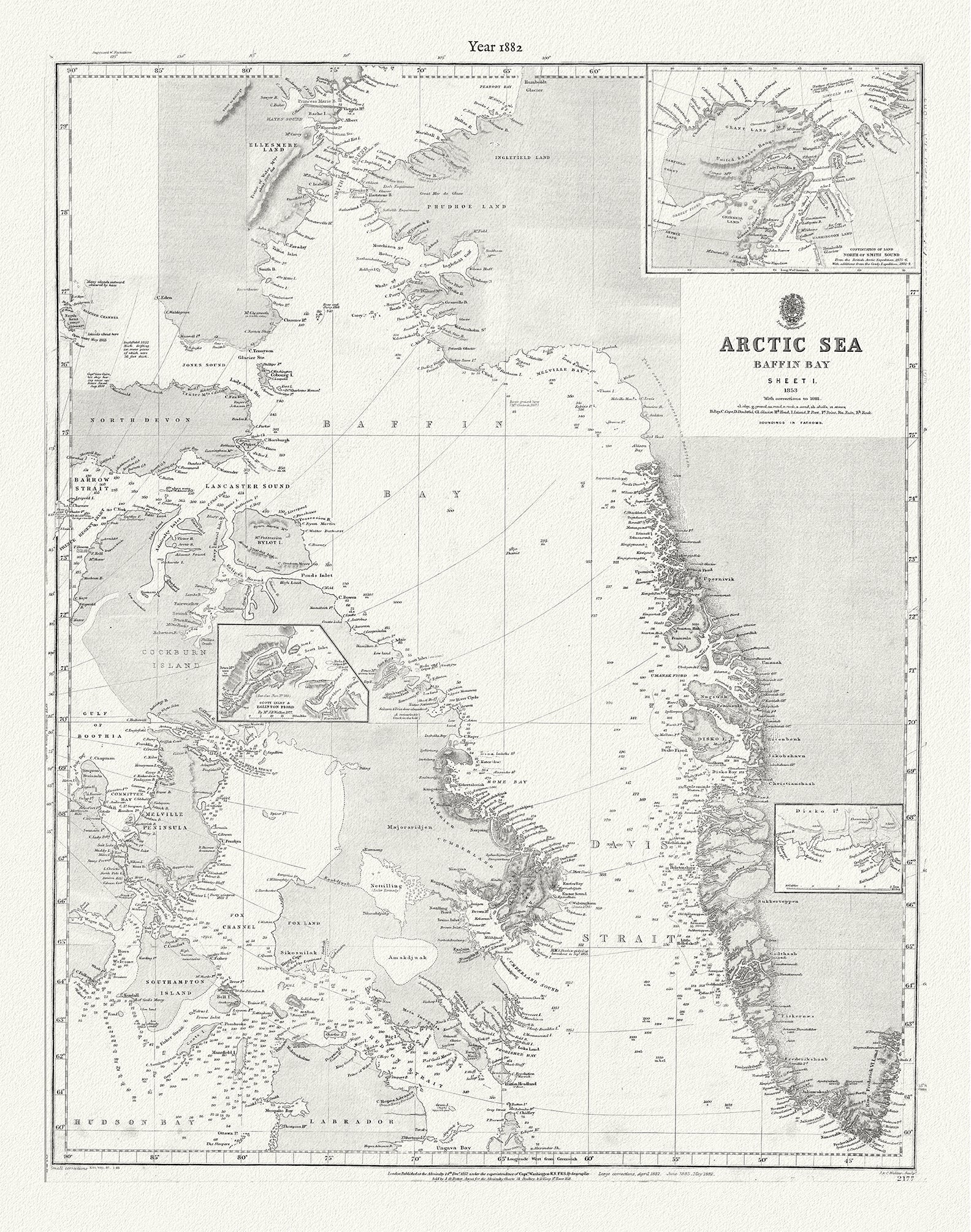 Canada: Arctic, Northern and Polar Exploration: Arctic Sea. Baffin Bay, sheet 1 to 1853, with corrections to 1881 - The Map Chest