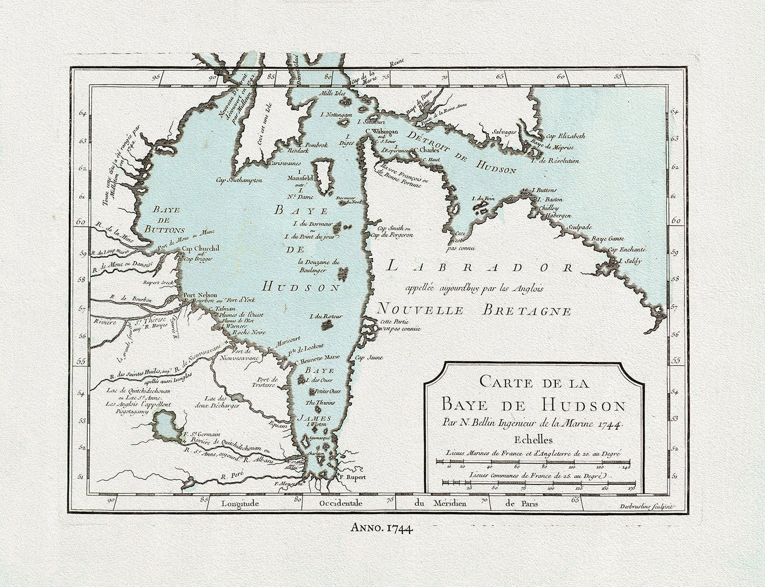 Canada: Arctic, Northern and Polar Exploration: Bellin, Carte de la Bye de Hudson, 1744 Ver. II - The Map Chest