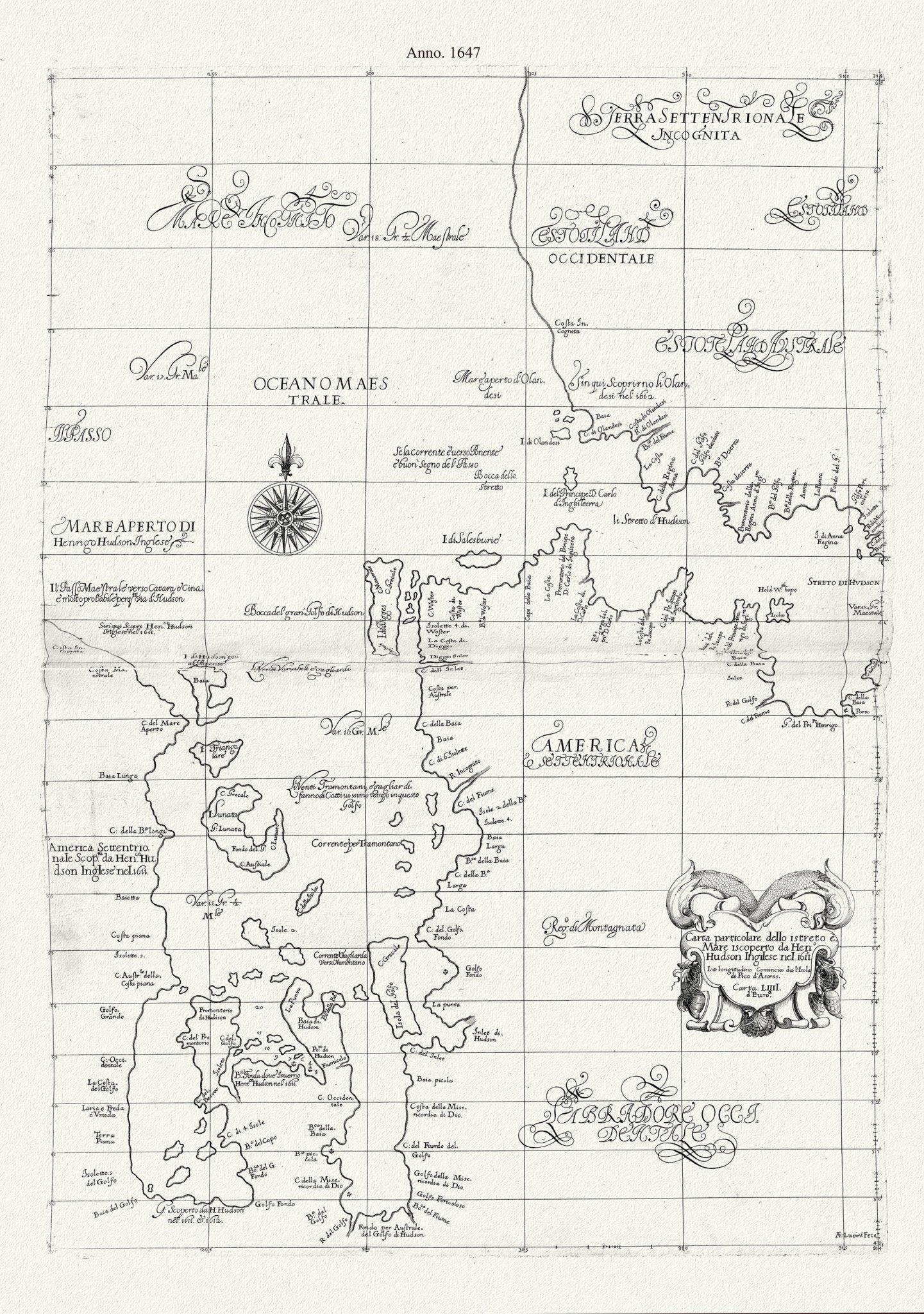 Canada: Arctic, Northern and Polar Exploration: Carta particolare dello istreto e mare iscoperto de Hen. Hudson Ingilese nel 1611 , 1647, Dudley auth. - The Map Chest