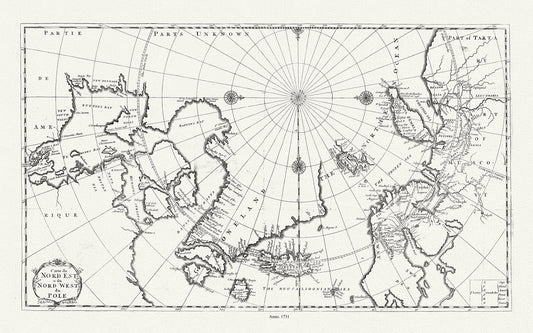 Canada: Arctic, Northern and Polar Exploration: Carte du nord est & du nord west du Pole, 1735, Bernard auth. - The Map Chest
