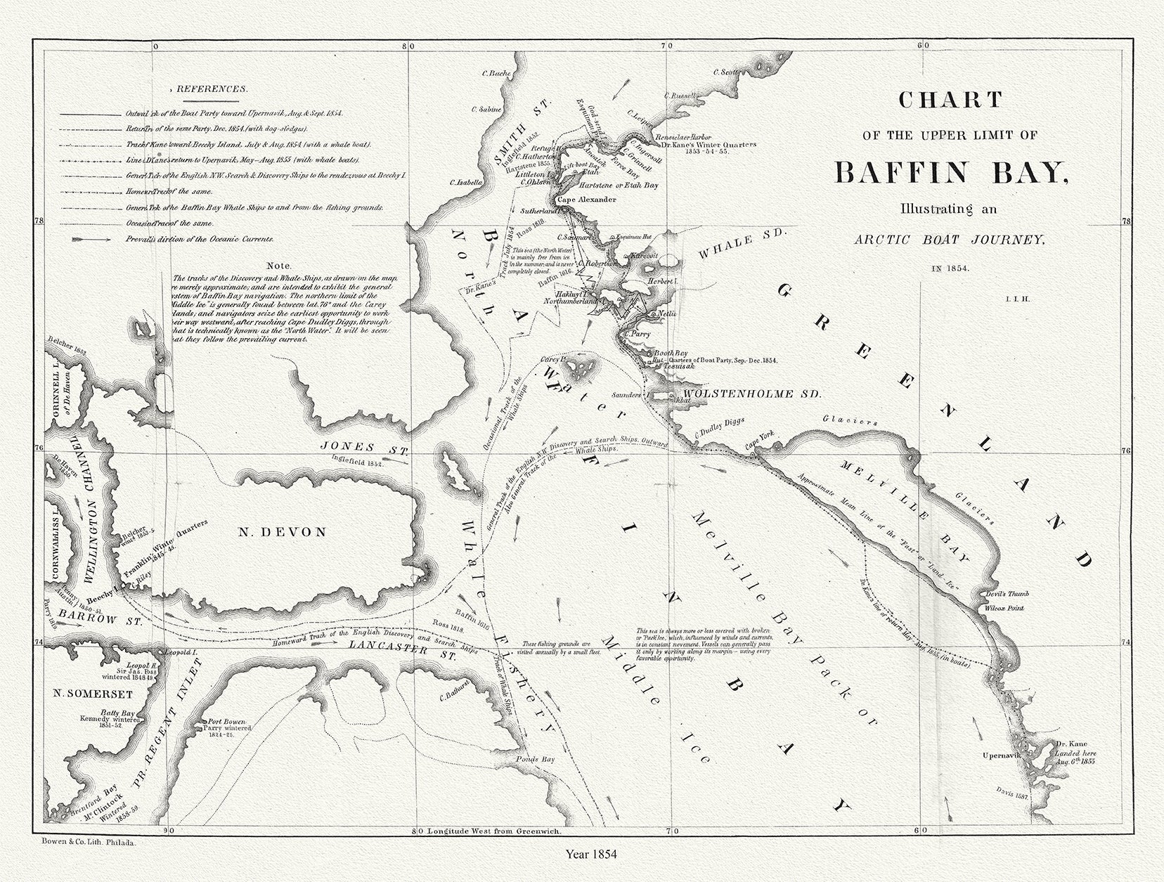 Canada: Arctic, Northern and Polar Exploration: Chart of the Upper Limit of Baffin Bay Illustrating an Arctic Boat Journey in 1854 - The Map Chest