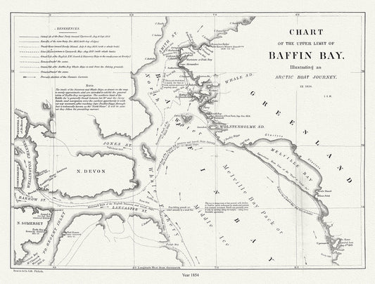 Canada: Arctic, Northern and Polar Exploration: Chart of the Upper Limit of Baffin Bay Illustrating an Arctic Boat Journey in 1854 - The Map Chest