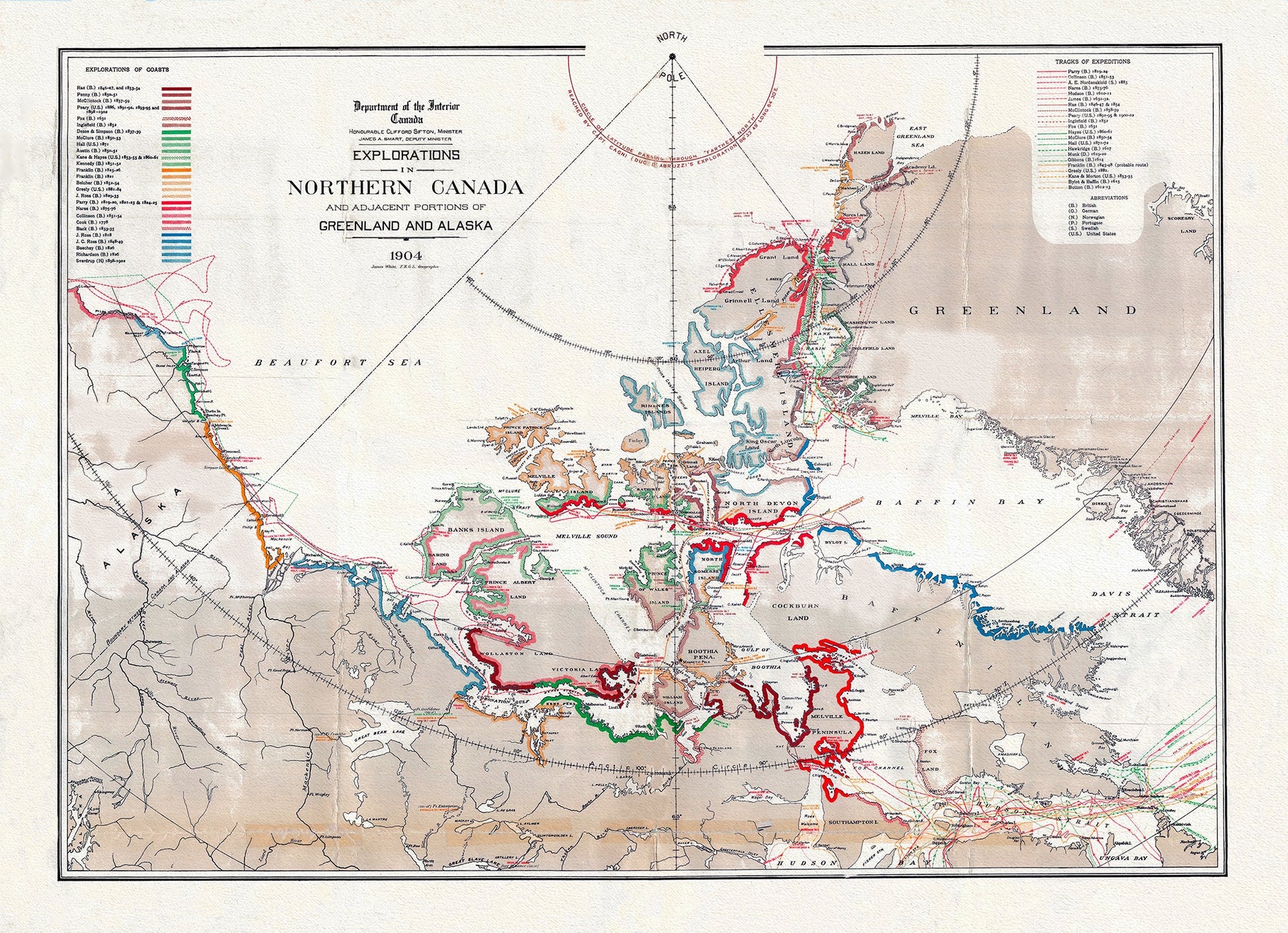 Canada: Arctic, Northern and Polar Exploration: Explorations in Northern Canada and adjacent portions of Greenland and Alaska, 1904 - The Map Chest