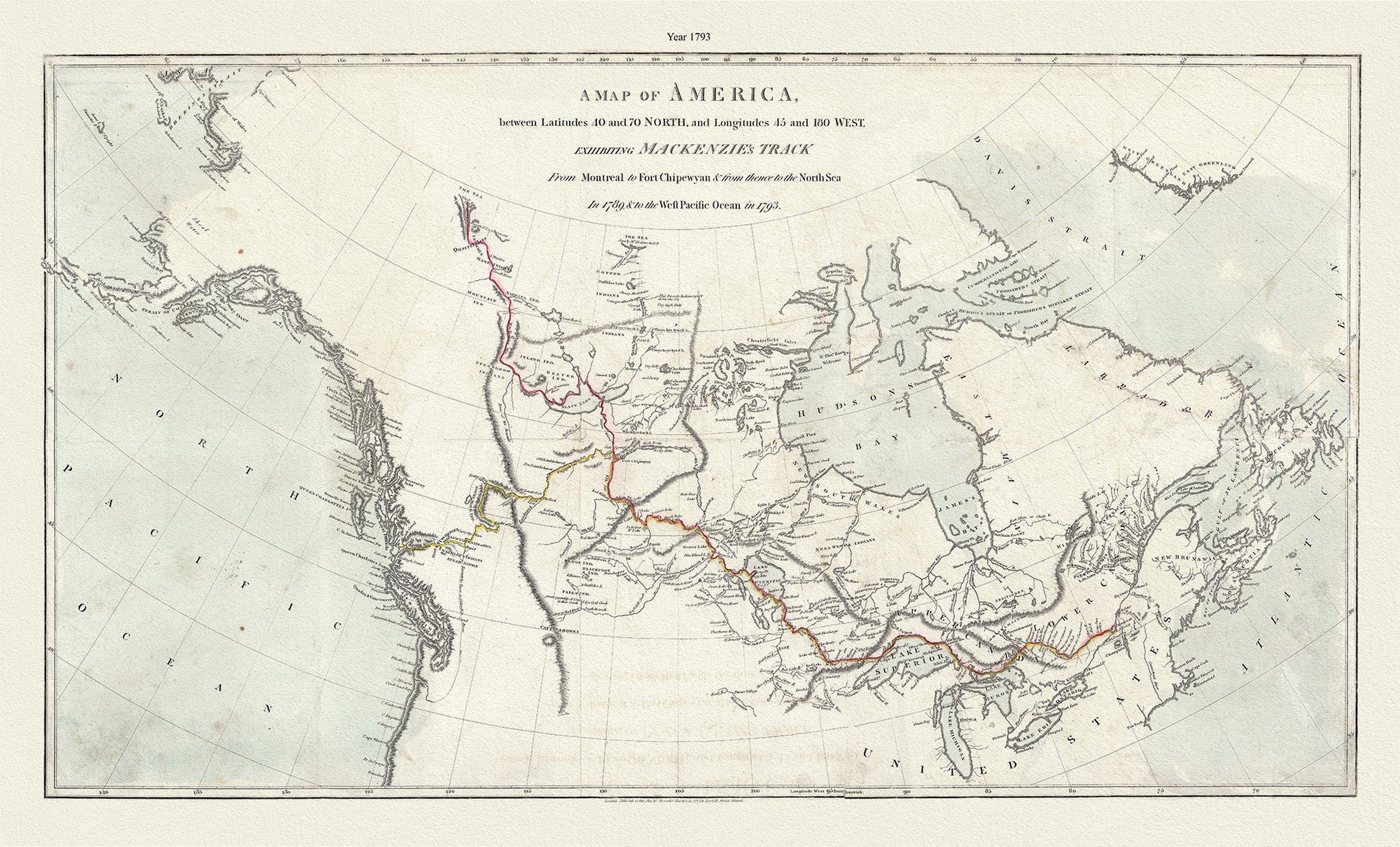 Canada: Arctic, Northern and Polar Exploration: Mackenzie's Track, between latitudes 40 and 70 north, and longitudes 45 and 180 west, 1793 19x36" - The Map Chest
