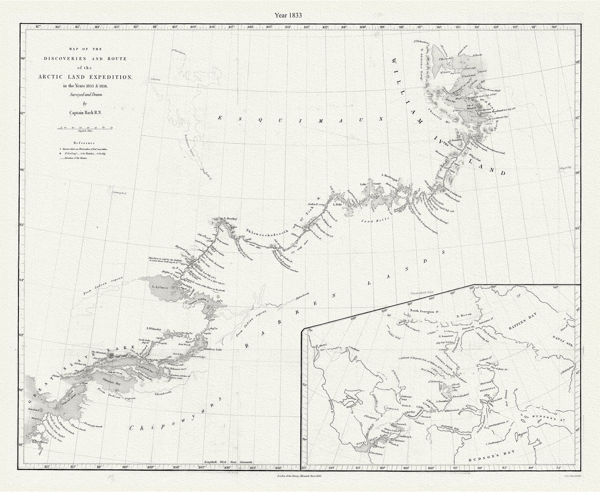Canada: Arctic, Northern and Polar Exploration: Map of the discoveries and route of the Arctic Land Expedition,1833 - 34, Back auth. - The Map Chest