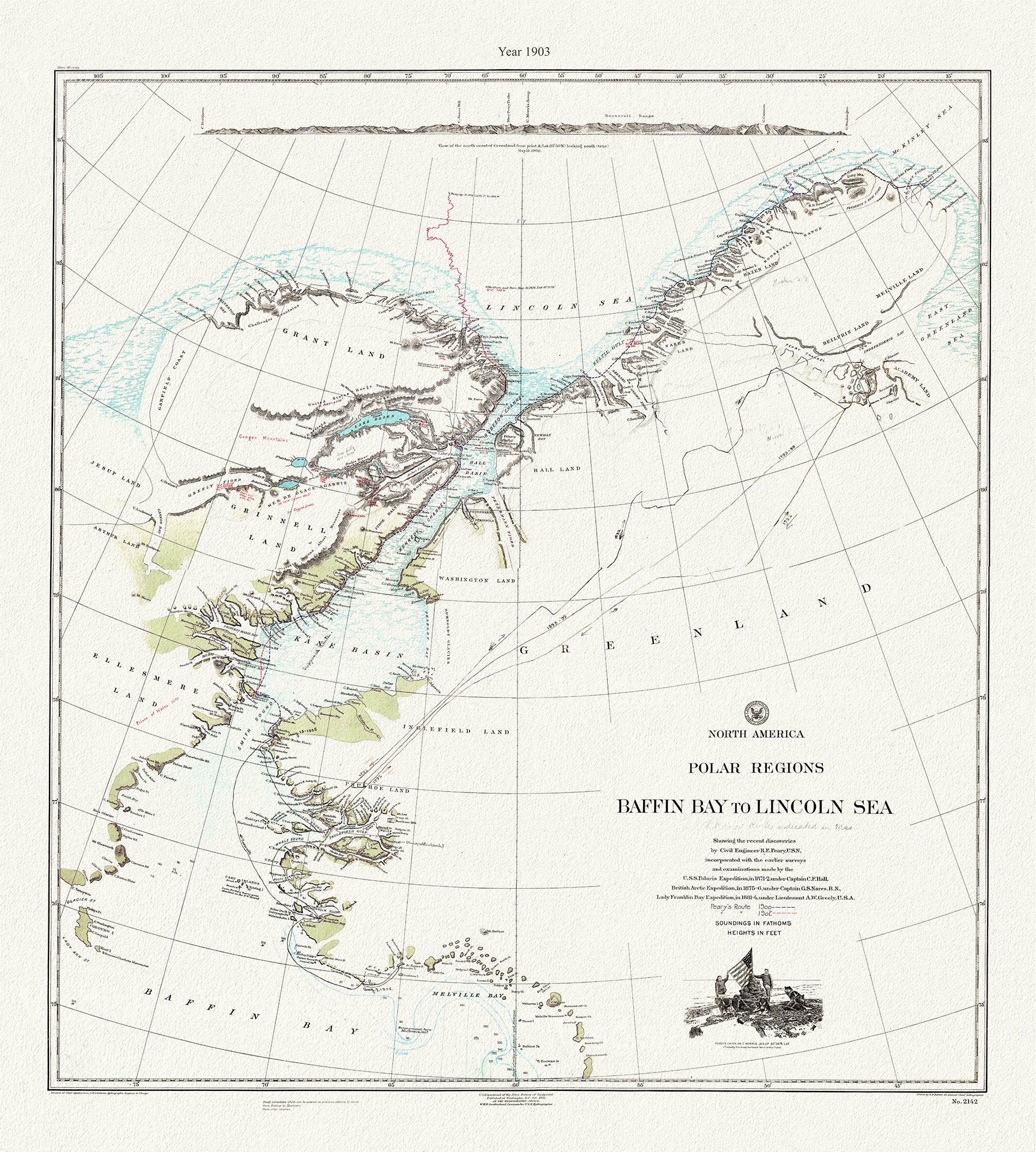 Canada: Arctic, Northern and Polar Exploration: North America Polar Regions Baffin Bay to Lincoln Sea, rare map,showing Peary's routes, 1903 - The Map Chest