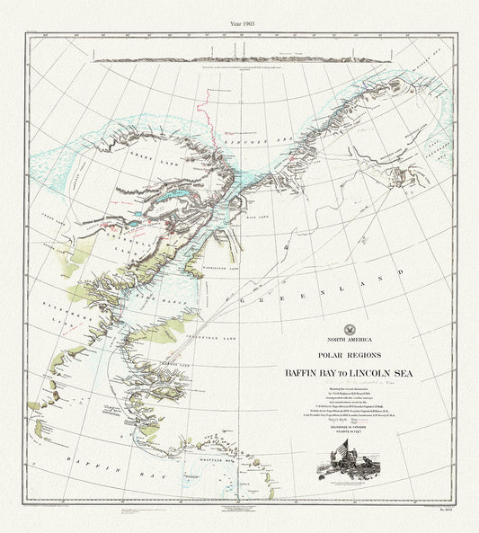 Canada: Arctic, Northern and Polar Exploration: North America Polar Regions Baffin Bay to Lincoln Sea, rare map,showing Peary's routes, 1903 - The Map Chest