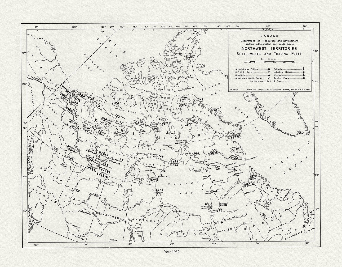 Canada: Arctic, Northern and Polar Exploration: Northwest Territories ,Settlements and Trading Posts,1952 - The Map Chest