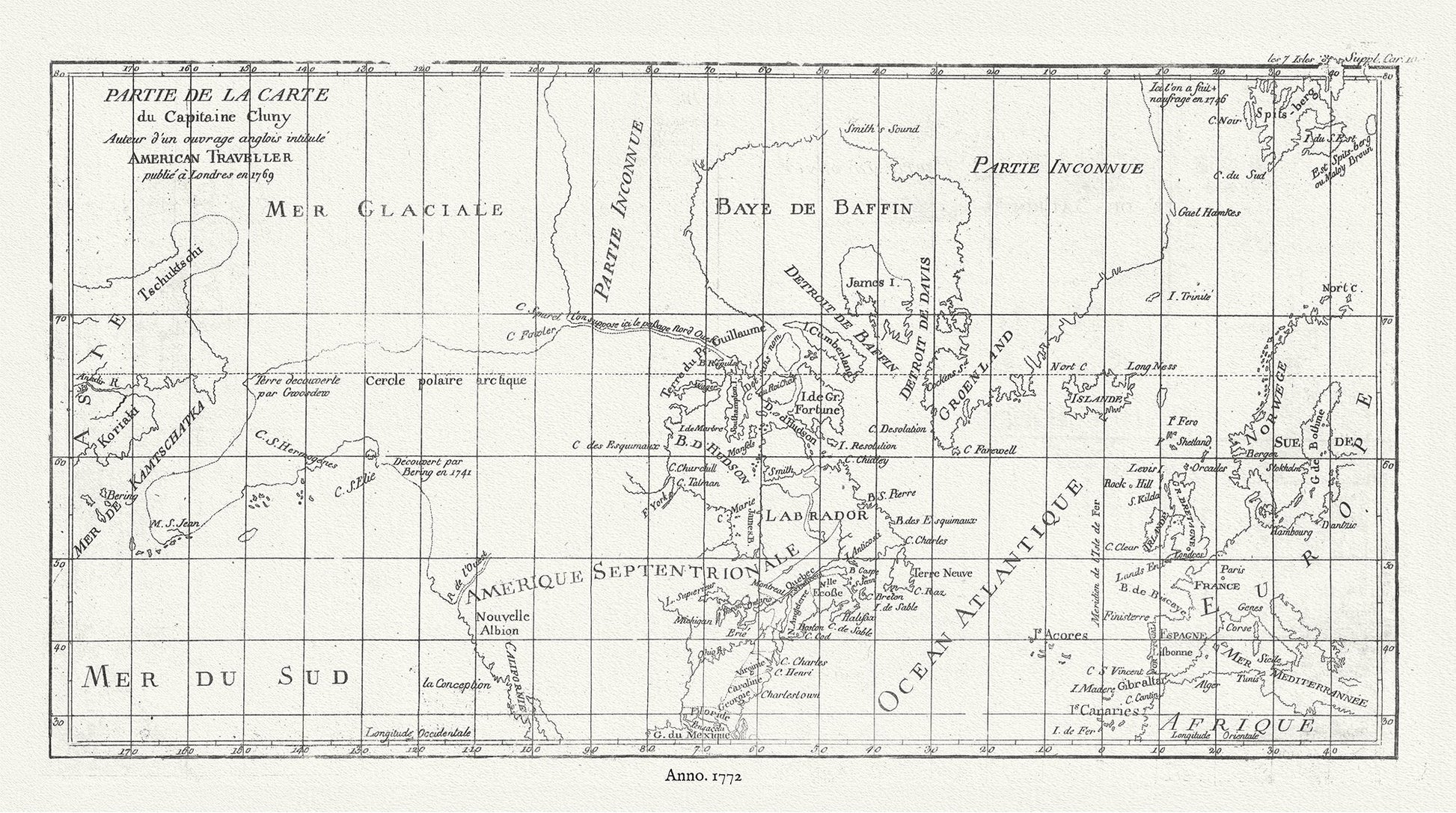 Canada: Arctic, Northern and Polar Exploration: Partie de la Carte du Captaine Cluny, 1772, Vaugondy auth. - The Map Chest