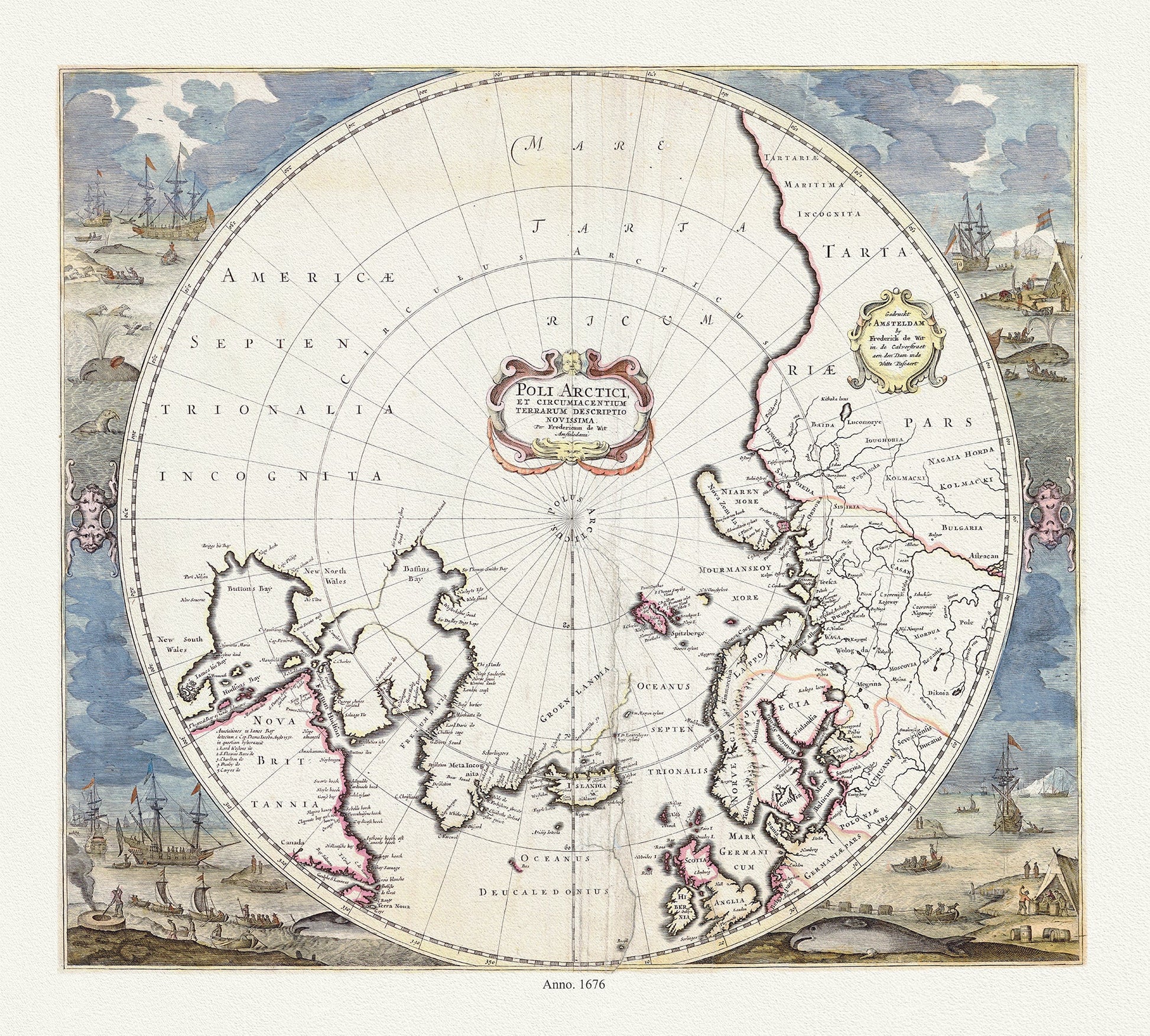 Canada: Arctic, Northern and Polar Exploration: Poli Arctici, et circumiacentium terrarum descriptio novissima,1676, Wit auth. - The Map Chest