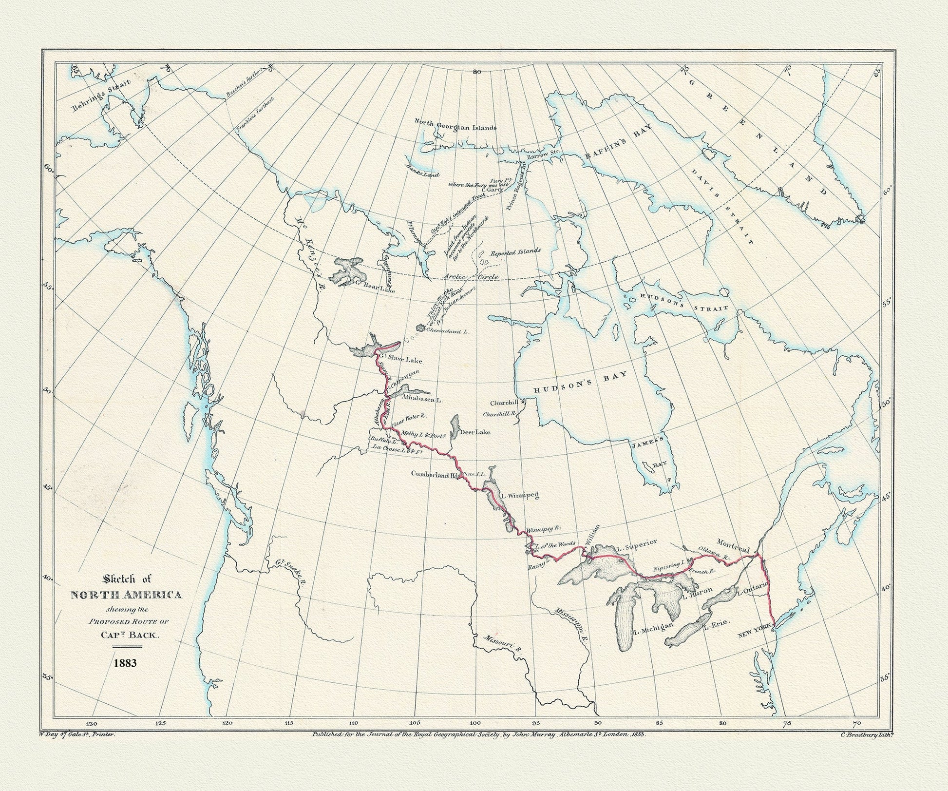 Canada: Arctic, Northern and Polar Exploration: Sketch of North America shewing the proposed route of Capt. Back, 1833 - The Map Chest