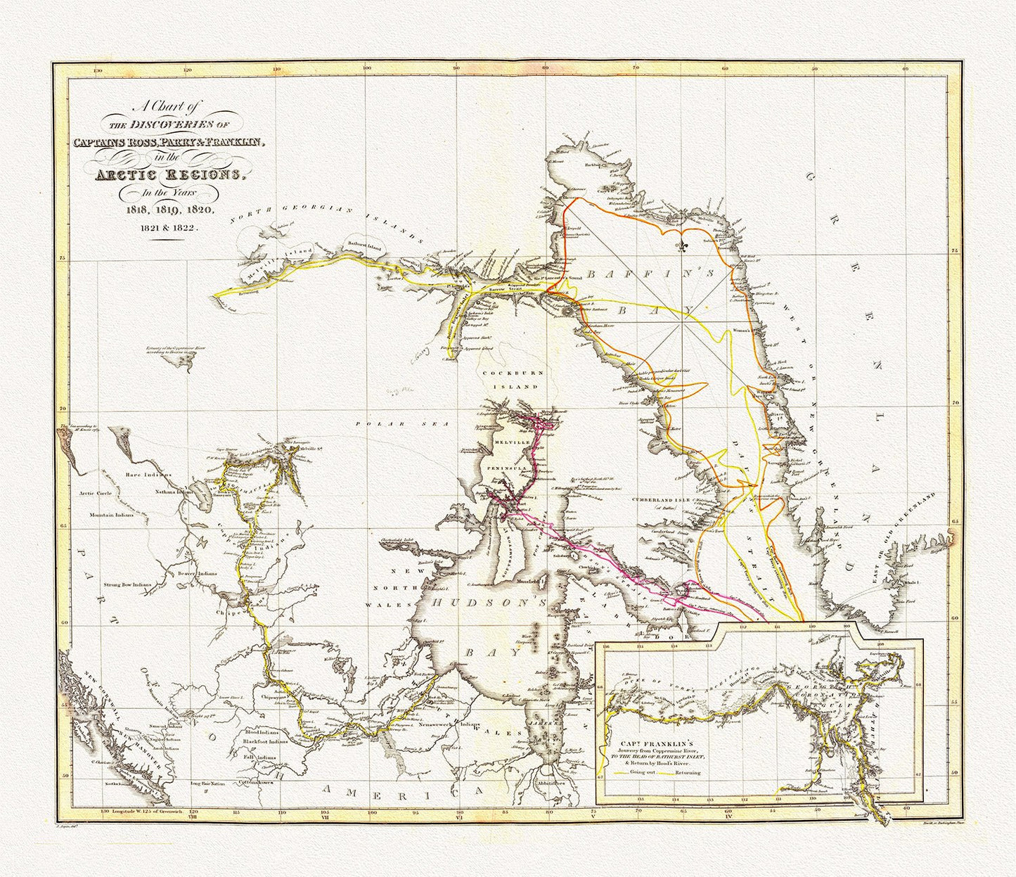 Canada: Arctic, Northern and Polar Exploration: The Discoveries in the Arctic Regions by Ross et Franklin, 1818 - 1822 - The Map Chest