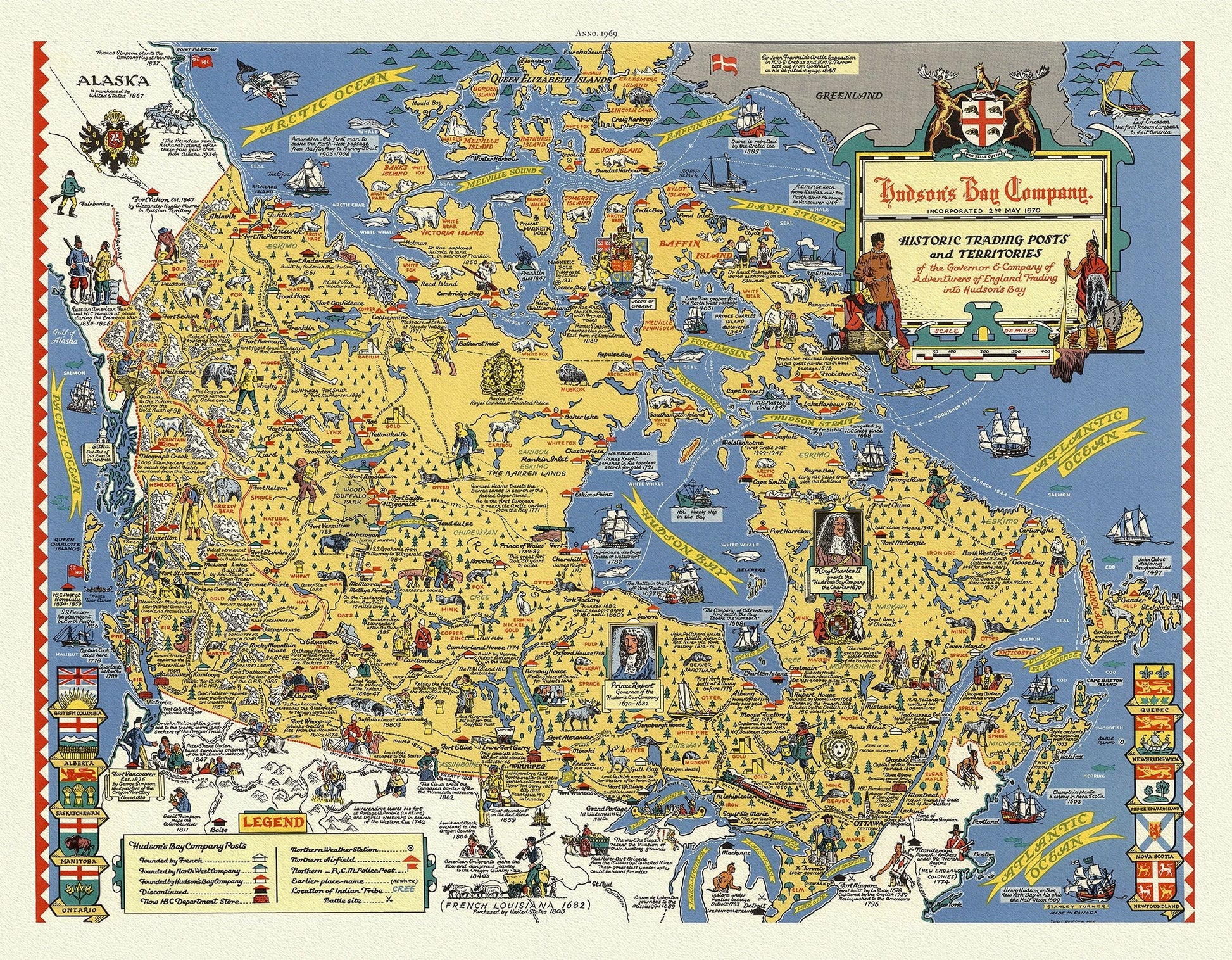 Canada: Arctic, Northern and Polar Exploration: The Historic Trading Posts of The Hudson's Bay Company (map created 1969) - The Map Chest