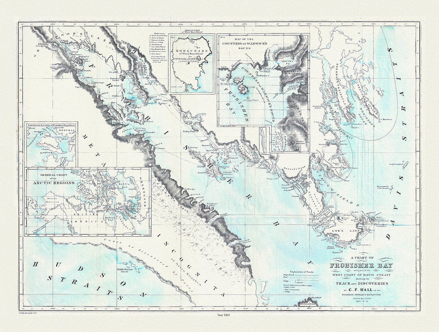 Canada: Arctic, Northern and Polar Exploration: Track of Discoveries, Frobisher and Baffin areas, Hall auth., 1865 - The Map Chest