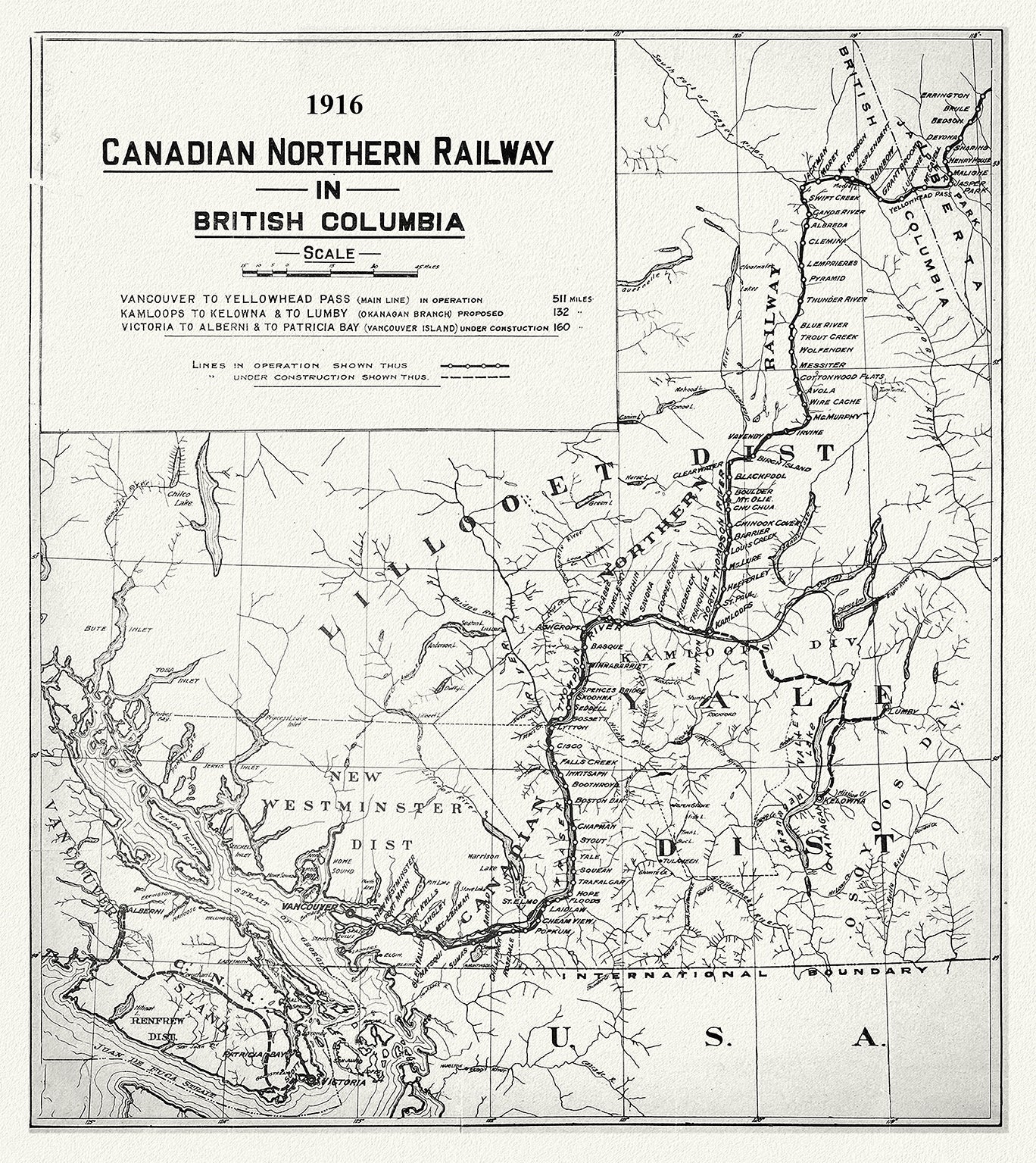 Canada: British Columbia: Railroads: Canadian Northern Railway in British Columbia, 1916, TPL - The Map Chest