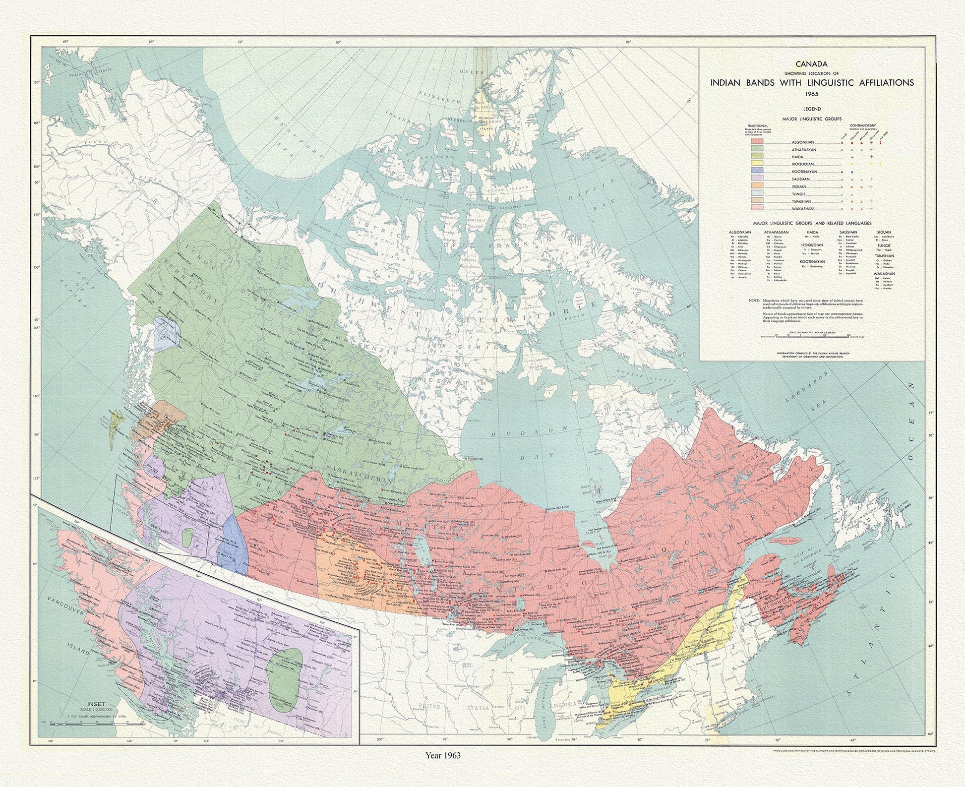 Canada First Peoples: A map of Canada showing the locations of Indian bands with linguistic affiliations,1965 - The Map Chest