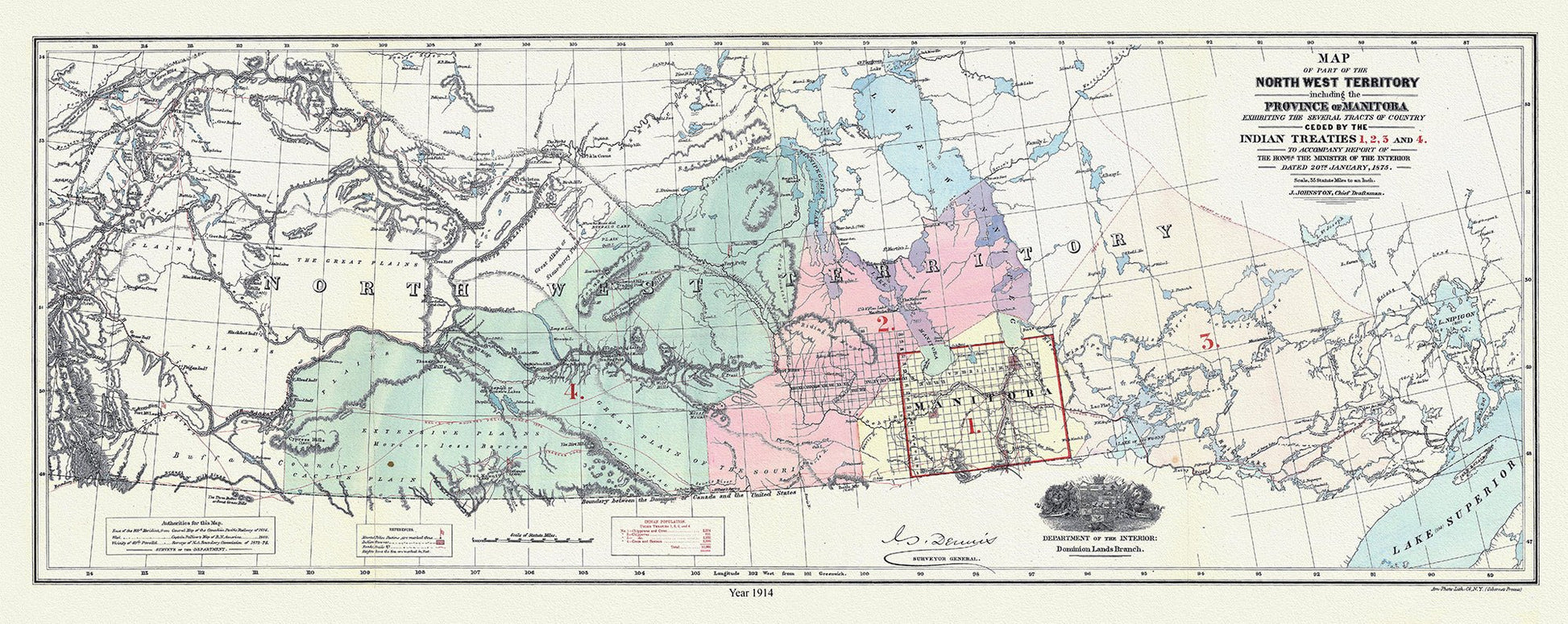 Canada First Peoples: Map of North West Territories and Indian Treaties, 1914 19 x 36" - The Map Chest