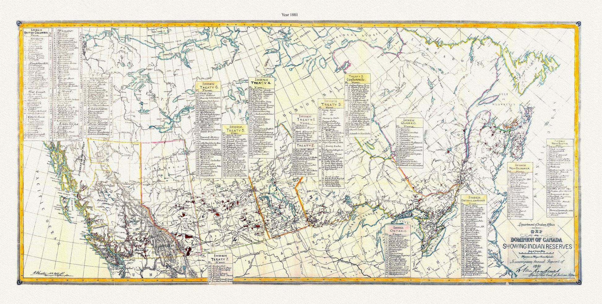 Canada First Peoples: Map of the Dominion of Canada Showing Indian Reserves, 1891, 19 x 36" - The Map Chest