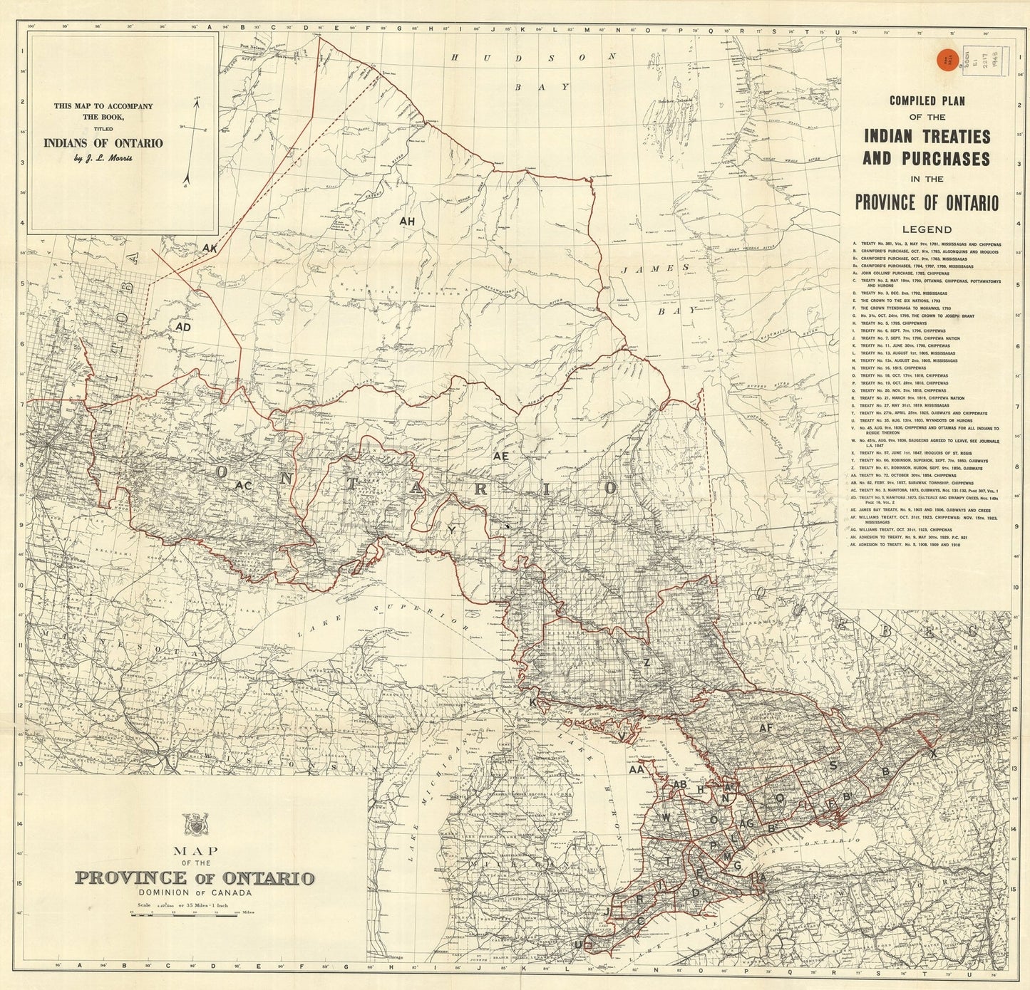 Canada First Peoples: Map of the Province of Ontario compiled plan of the Indian treaties and purchases in the Province of Ontario.1943 - The Map Chest