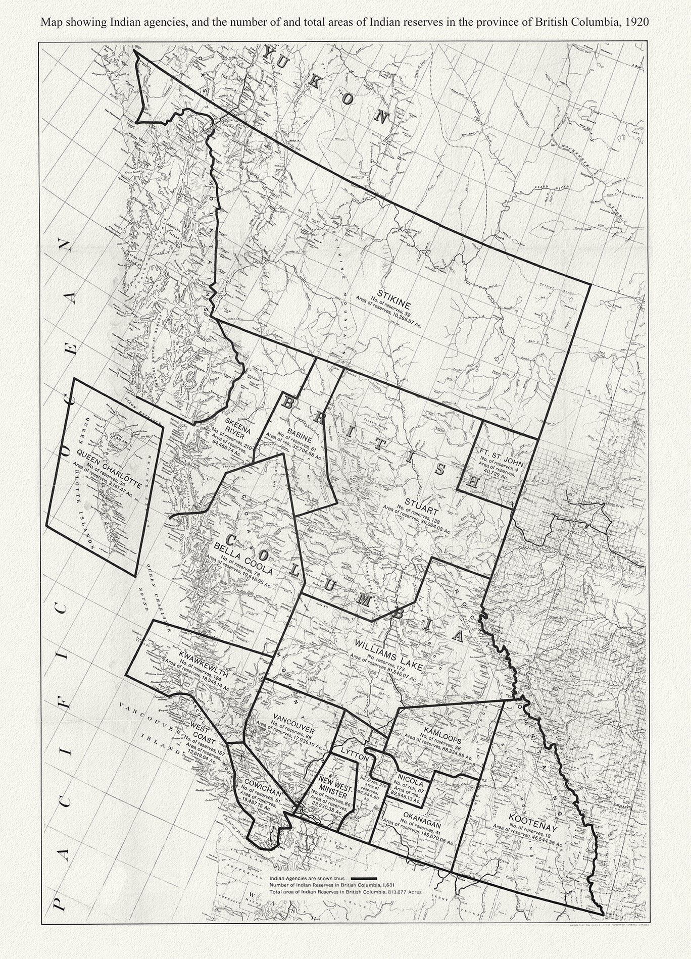 Canada First Peoples: Map showing Indian agencies, and the number of and total areas of Indian reserves in the province of British Columbia, 1920 - The Map Chest