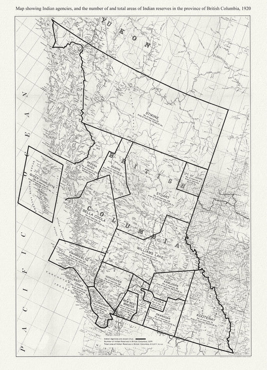 Canada First Peoples: Map showing Indian agencies, and the number of and total areas of Indian reserves in the province of British Columbia, 1920 - The Map Chest