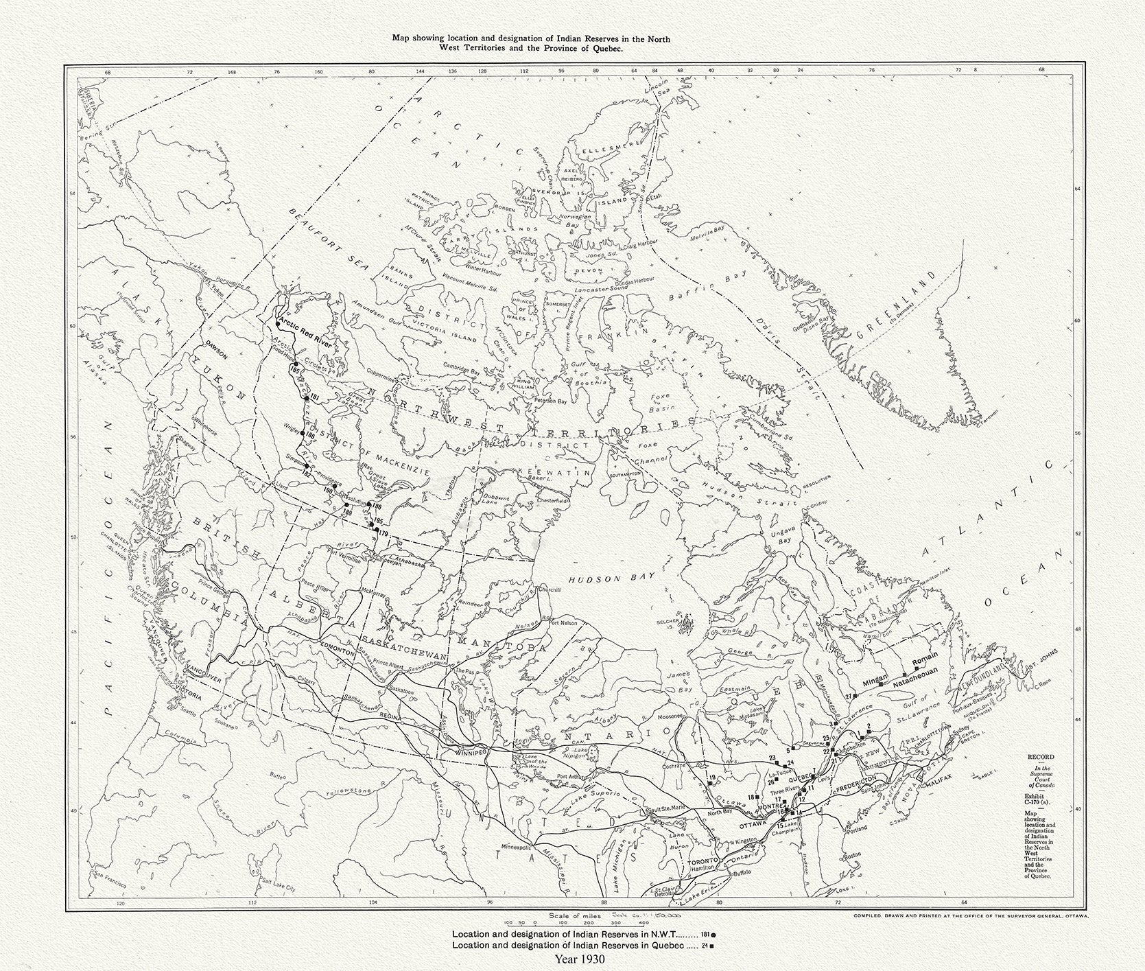 Canada First Peoples: Map showing location and designation of Indian reserves in the North West Territories and the province of Quebec, 1930 - The Map Chest