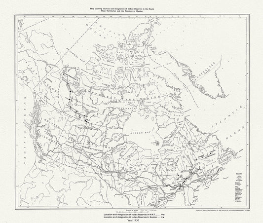 Canada First Peoples: Map showing location and designation of Indian reserves in the North West Territories and the province of Quebec, 1930 - The Map Chest