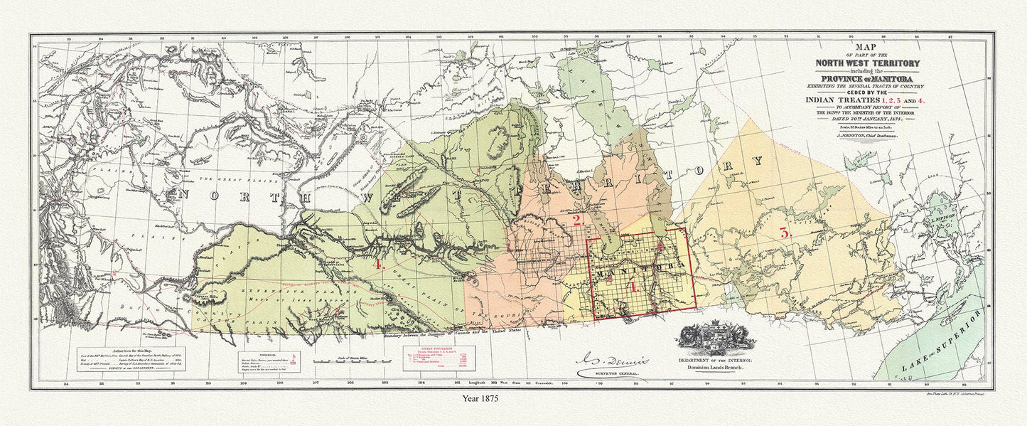 Canada First Peoples: Northwest Territory, Manitoba Ceded by Indian Treaties 1,2,3, & 4, 1875 Ver. II 19 x 36" - The Map Chest