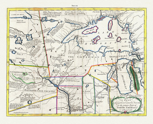 Canada First Peoples: Plan of Captain Carvers Travels in the interior Parts of North America, 1781 - The Map Chest