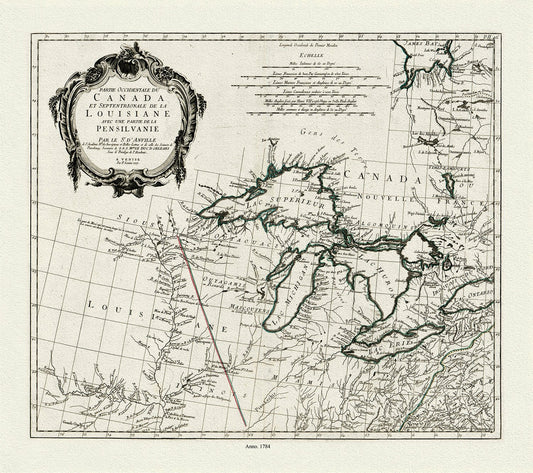 Canada: Great Lakes: Anville et Santini, Partie occidentale du Canada et septentrionale de la Louisiane avec une partie de la Pensilvanie, 1784 - The Map Chest