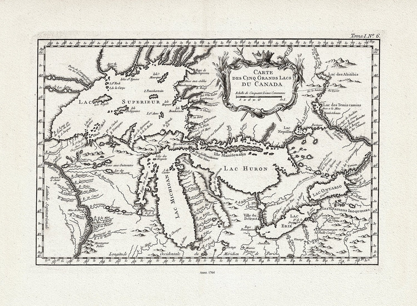 Canada: Great Lakes: Bellin, Carte des Cinq Grande Lacs du Canada, 1764 - The Map Chest