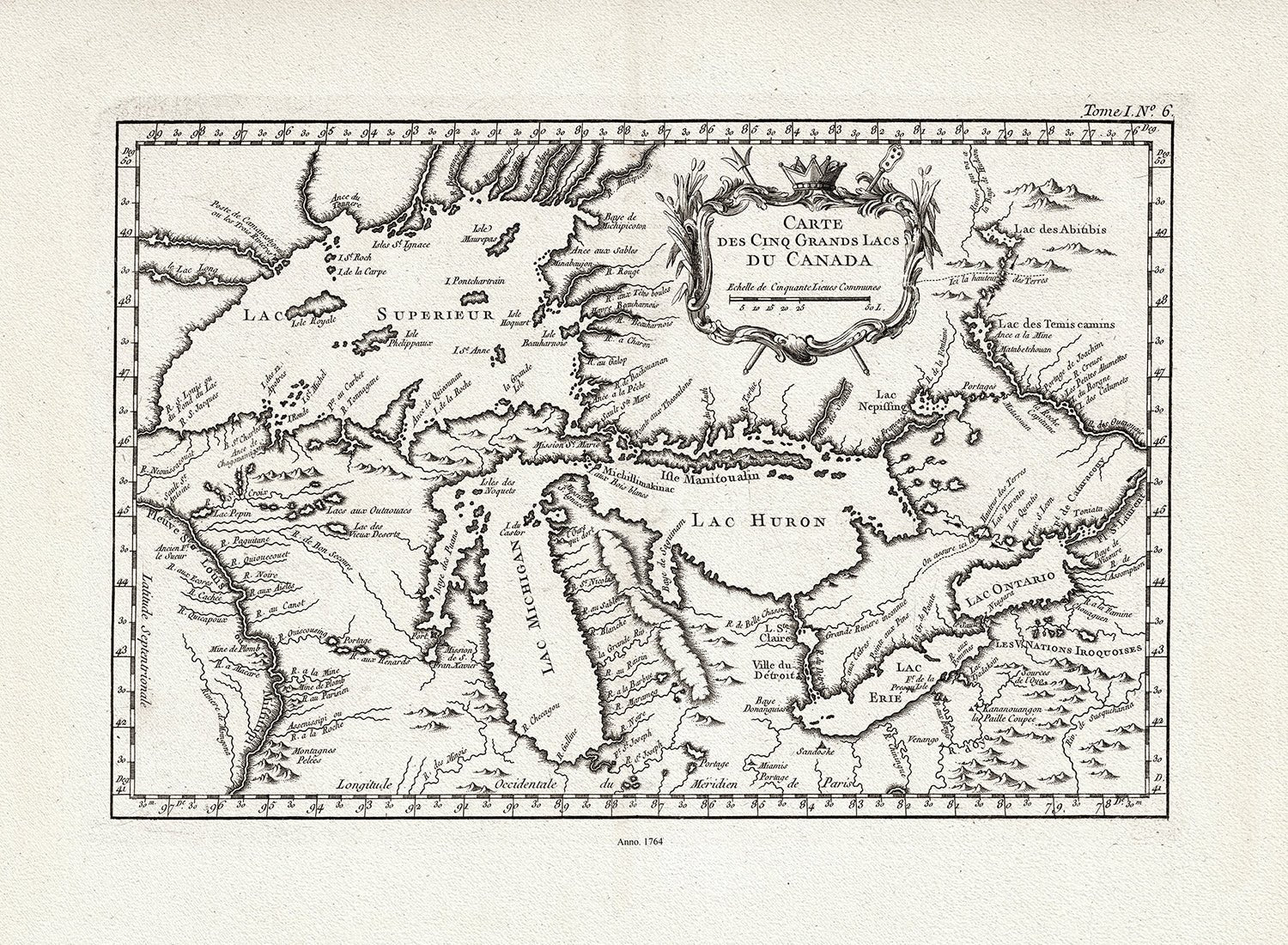 Canada: Great Lakes: Bellin, Carte des Cinq Grande Lacs du Canada, 1764 - The Map Chest