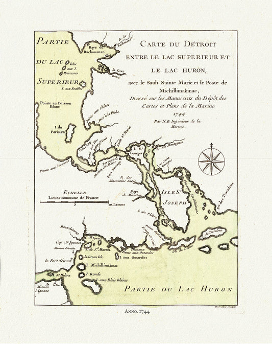 Canada: Great Lakes: Bellin, Carte du Detroit entre le Lac Superieur et Huron, avec le Sault Ste. Marie, 1744 Ver. 2 - The Map Chest