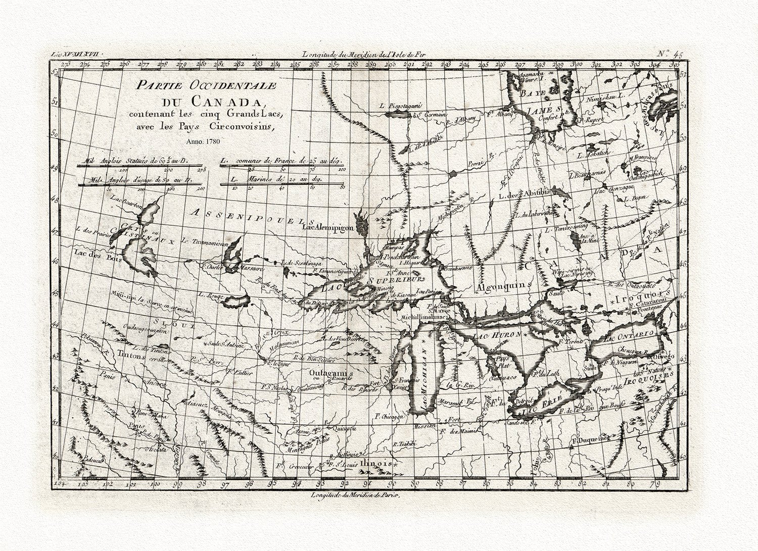 Canada: Great Lakes: Bonne, Partie Occidentale du Canada, contenant les Cinq Grands Lacs, avec les pays circonvoisins,1780 - The Map Chest