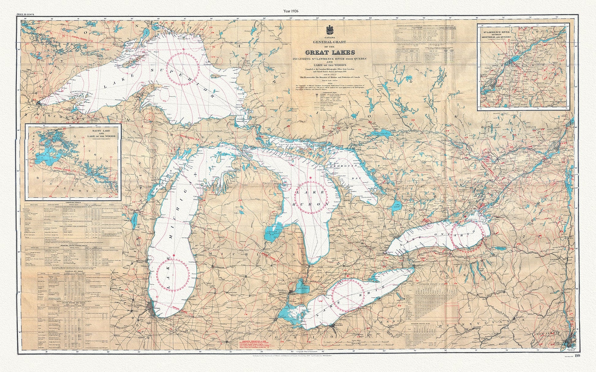 Canada: Great Lakes: Canada Hydrographic Office, A General Chart of the Great Lakes,1927 - The Map Chest