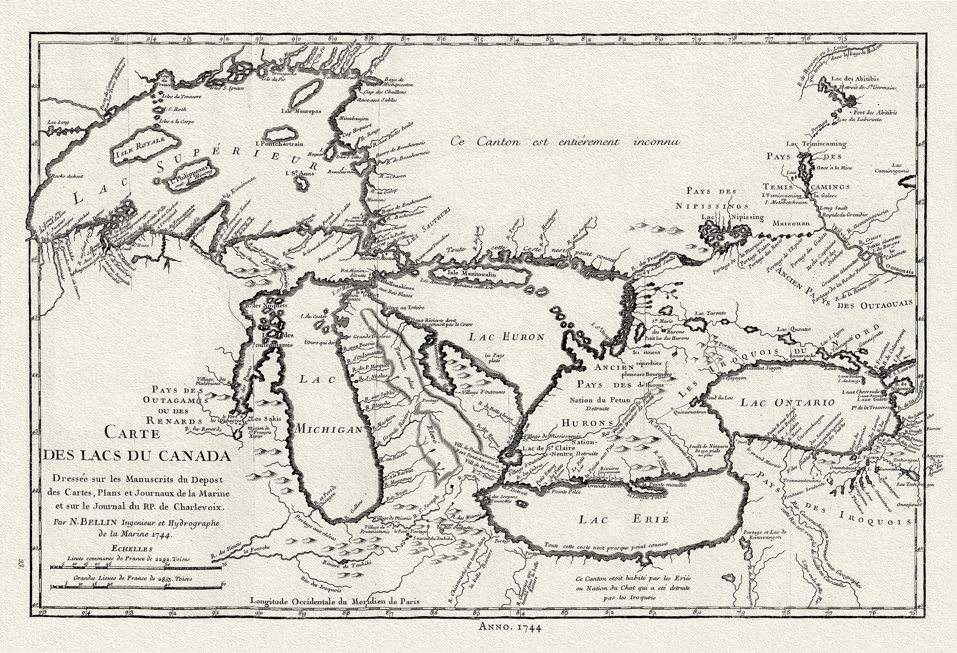 Canada: Great Lakes: Carte des lacs du Canada, 1744 Bellin auth. - The Map Chest