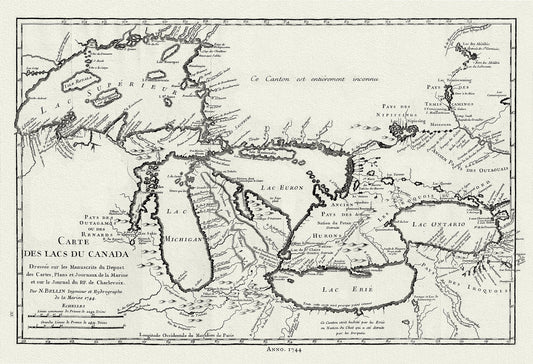 Canada: Great Lakes: Carte des lacs du Canada, 1744 Bellin auth. - The Map Chest