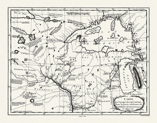 Canada: Great Lakes: Carte des voyages du Cape. Carver, dans la partie intérieure de l'Amérique septentrionale en 1766, et 1767. - The Map Chest