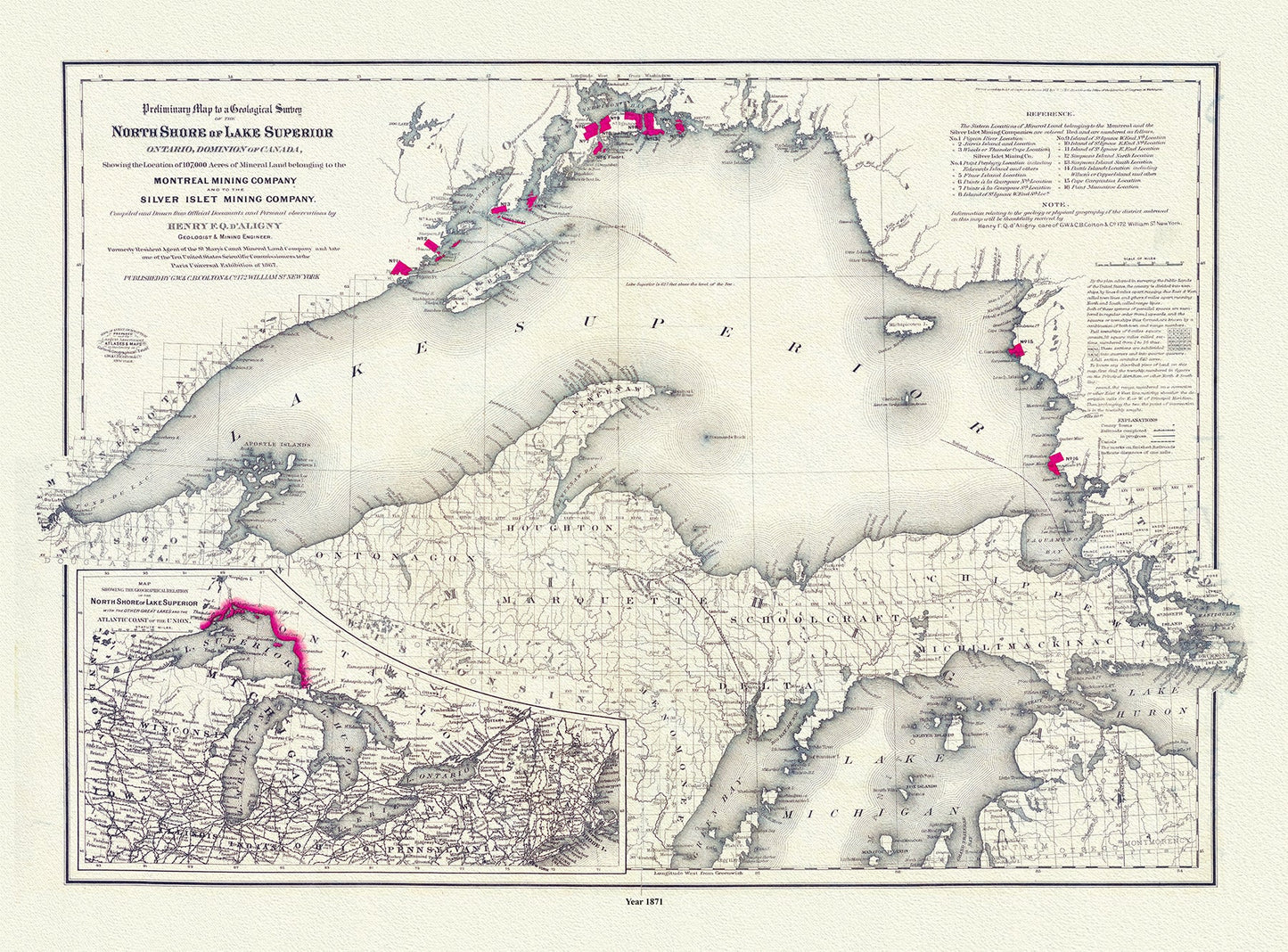 Canada: Great Lakes: Colton, Preliminary map to a geological survey of the north shore of Lake Superior, Ontario, Dominion of Canada, 1871 - The Map Chest