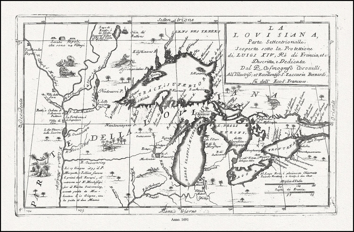 Canada: Great Lakes: Coronelli, La Louisiana, Parte Settentrionalle, Scoperta sotto Protettione di Luigi XIV, Re di Francia, 1691 - The Map Chest